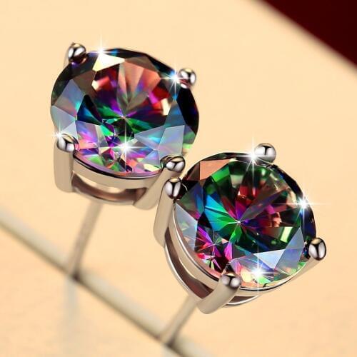 Korean Style Rainbow Stone Stud Earrings For Men & Women Simple AAA+CZ Silver Color Fashion Jewelry For Party KAE137