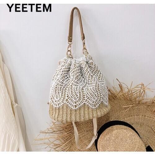 Ethnic Style Bag New Lace Flower Pineapple Flamingo Drawstring Bucket Bag Woven Summer Beach Bag Creative Design Messenger Bag