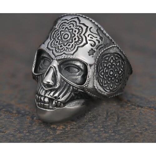 Vintage Silver Color Stainless Steel Heavy Sugar Skull Ring For Men Mandala Flower Carved Ring Goth Punk Biker Jewelry Gifts
