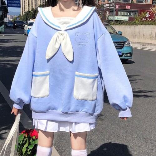 Japanese Preppy Style Women Casual Sweatshirt Bowknot Tie Sailor Collar Bear Embroidery Jk Student Kawaii Hoodies Bestie Clothes