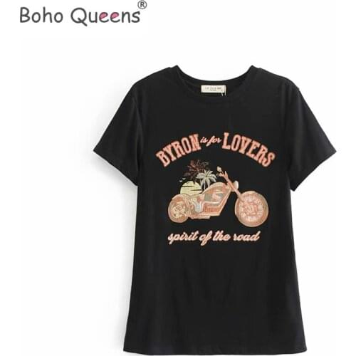 Boho hippie women motorcycle floral print tops t-shirt ladies beach boho cotton t-shirts