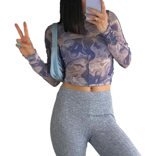 Women Sheer Mesh Tops Sexy Long Sleeve Crew Neck Tie Dye Print Slim Fit T-Shirts