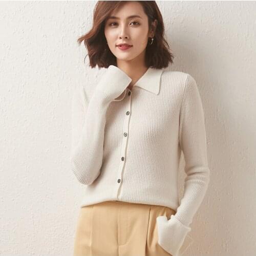 100% Pure Wool Cashmere Sweater Women POLO Collar Cardigan Drawstring Slim Knit Top Female Jacket Korean Fashion Keep Warm