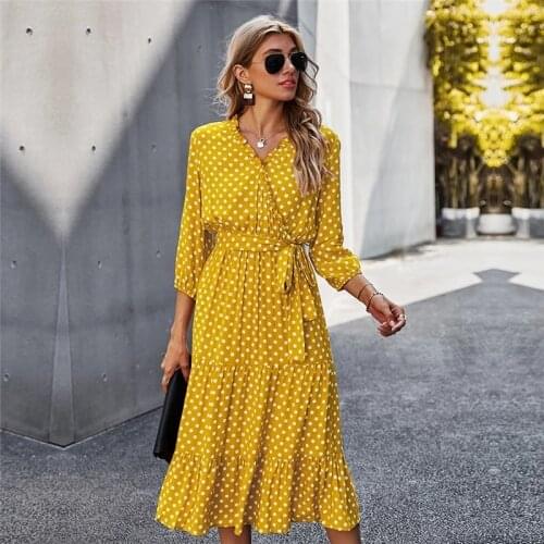 Spring Autumn Dot Bandage Dress Sashes Women Casual Ruffles V Neck High Waist Slim Print Long Dress for Woman 2021 New Fashion