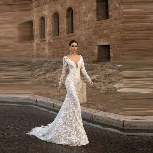 Wholesale Elegant Mermaid Lace Long Sleeve Bride Wedding Dresses with Detachable Train Bridal Gowns Backless Illusion Neckline
