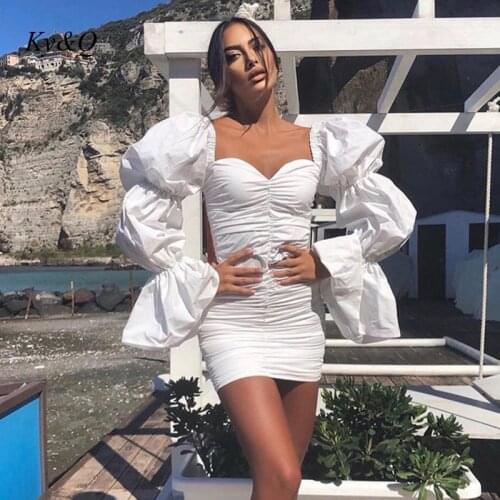 2021 Mini Shirt Casual Dress Solid New Year Party Elegant Women Evening Long Puff Sleeve Slash Neck Satin Pleated Vintage Sexy