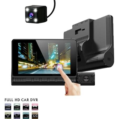 LAMJAD Car Dvr Dash Cam 4.0 Inch Touch Screen 3 Cameras Lens Recorder Dash Camera Dual Lens support Rearview Camera Night Vision