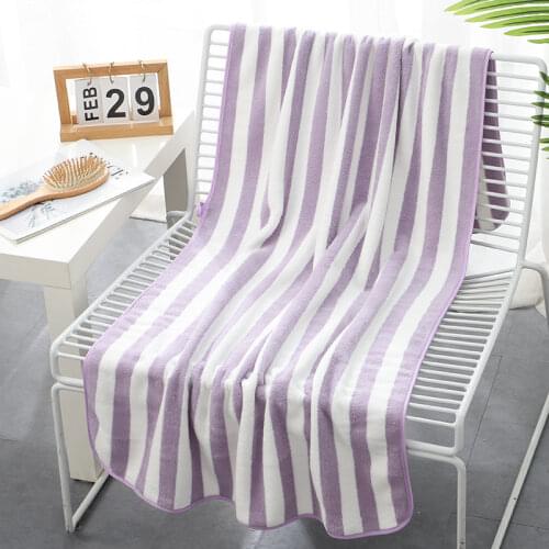 70x140cm Striped Bath Towel Soft Absorbent Pink Purple Blue Coral Fleece Sauna Beach Towels