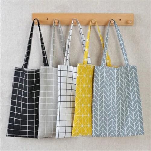 8 Colors Plaid Handmade Cotton Linen Bag Canvas Shopper Bags Women Shopping Shoulder Bags Folding Portable Grocery Tote Bags