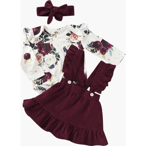 Newborn Toddler Kid Baby Girls Floral Long Sleeve Bodysuit Tops +Suspender Dress +Headband 3pcs Outfit Clothes