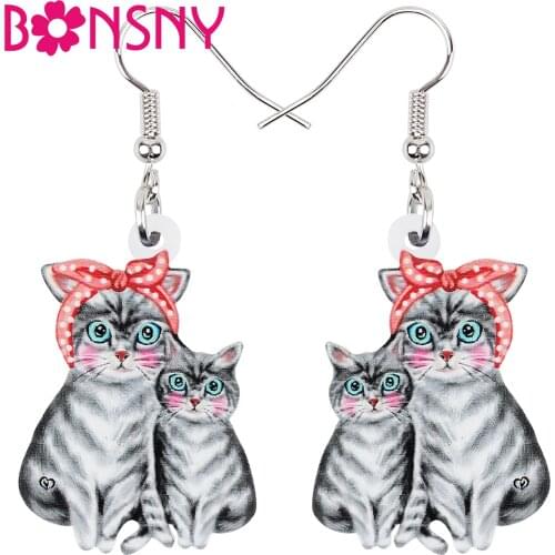 WEVENI Acrylic Mothers Day Sweet Bow-knot Cat Baby Kitten Earrings Long Drop Dangle Fashion Animals Gift Jewelry For Girl Women
