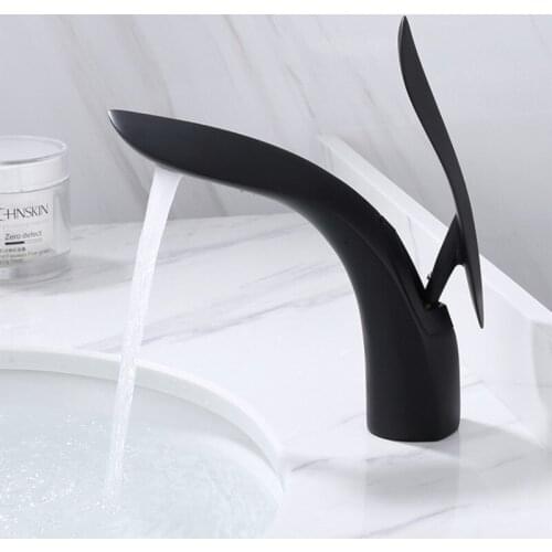 Black Bathroom Basin Faucet Leaf Looklike Brass Gold Hold and Cold Sink Mixer Black Water Mixer Sinle Lever