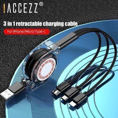 !ACCEZZ 3 In 1 Type C Cable Micro USB For iPhone X 11 Pro Max For Samsung Huawei USB C Cable Retractable Portable Charging Cord