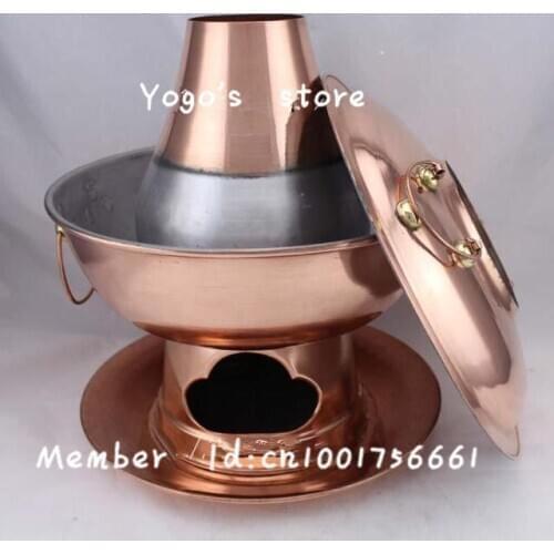 38cm China copper hot pot thickened Mongolian chaffy dish Chinese charcoal fondue soup pot fire tube disc set chaffy dish