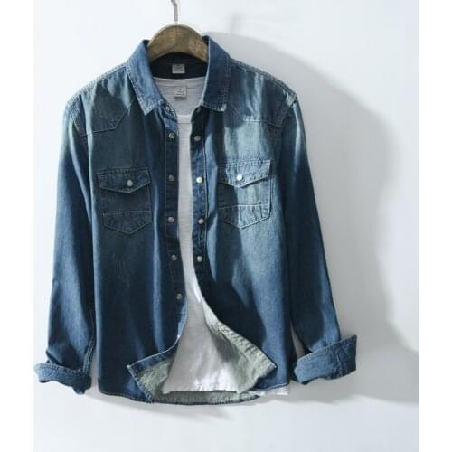 Classic Blue Mens Shirt with Long Sleeve Vintage Denim Shirt Casual Slim Fit Chemise Homme High-quality Branded Clothing