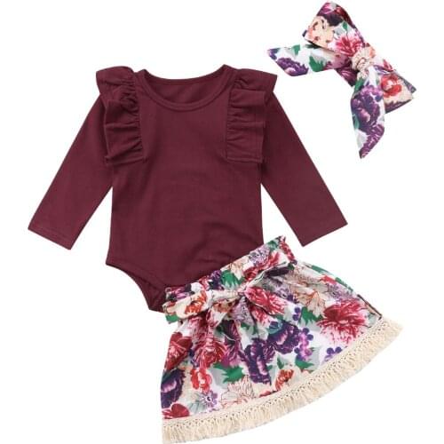 0-24M Newborn Infant Baby Girls Lovely Casual Clothes Sets 3PCS Ruffles Solid Romper Tops Floral Print Skirts+Headband
