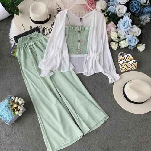 Fashion Suit Female Summer Camisole + High Waist Wide Leg Pants Trousers + Sunscreen Cardigan Jacket Three-piece Suit 2020