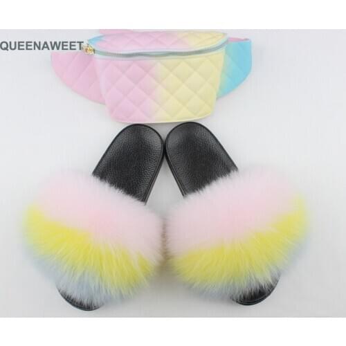 Fashion Women Luxurious Fluffy Fur Slides Bag Set Casual Plush Furry Fur Slippers Match Purse Set Summer Beach Fur Flip Flops
