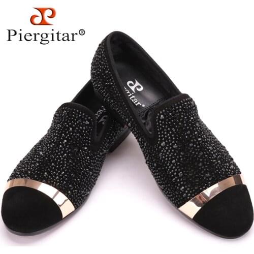 Piergitar Handmade Black Diamonds Mens Suede Loafer accessorized Gold Strap with Satin and Leather Insole for Banquet and Prom