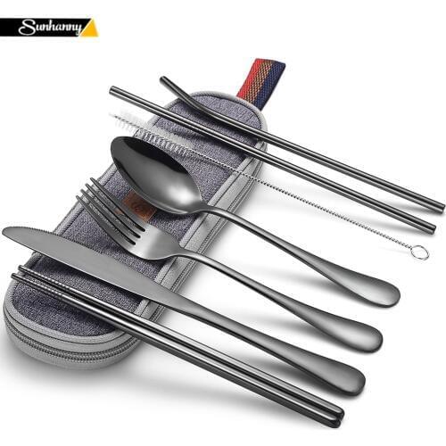 Dinnerware Set Travel Cutlery Set Camping Tableware Reusable Utensils Set with Spoon Fork Chopsticks Straw and Portable Case
