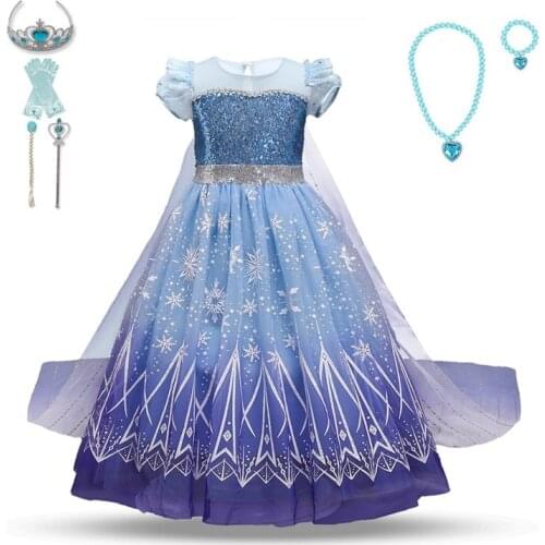 New Fashion Blue Fantasy Dress Baby Girl Dress Birthday Party Snow Dress Queen Costume Elegant Cute Princess Dress Size 4-10T