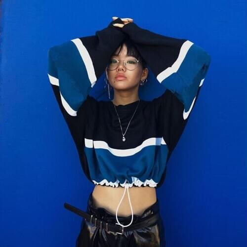 New Style Womens Wear 2020 Short Open Navel Crew Neck Waist Drawstring Color Matching Sweatshirt Casual En