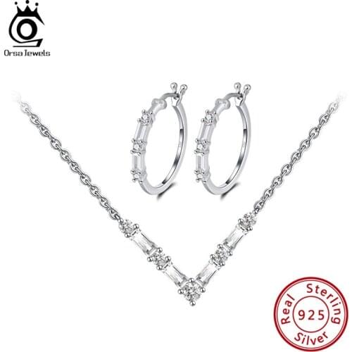 ORSA JEWELS S925 Romantic Necklace Hoop Earrings Set Women Sterling Silver Wedding Engagement Jewelry Set AAAA Cubic Zircon SS55
