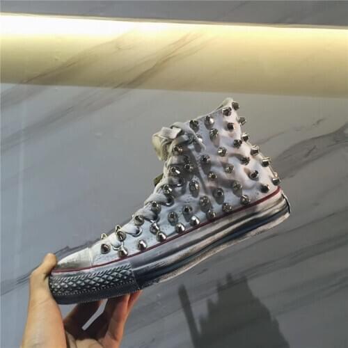 New Vintage High Top Canvas Shoes Punk Rivet Fashion Shoes Men/Women Casual Lace Up Dirty Punk Gothic Running Black Student Flat