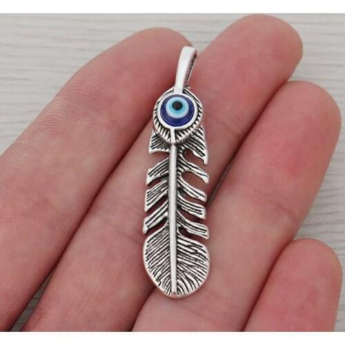 10 x Tibetan Silver Feather Blue Eye Charms Pendants for Necklaces Earring DIY Jewelry Making Findings 48x12mm