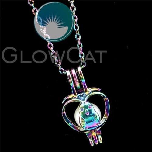 R-C397 Rainbow Colors Cute Bird Heart Beads Cage Pendant Perfume Diffuser Aromatherapy Pearl Cage Locket Necklace