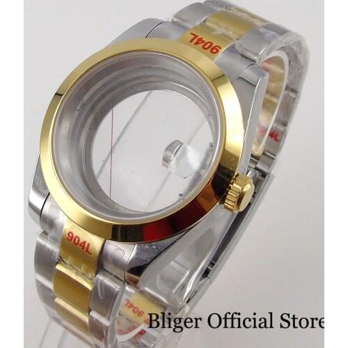 BLIGER Twon Tone Gold Coated Polished Automatic Watch Case fit NH35A Movement Seeing Back Oyster Strap
