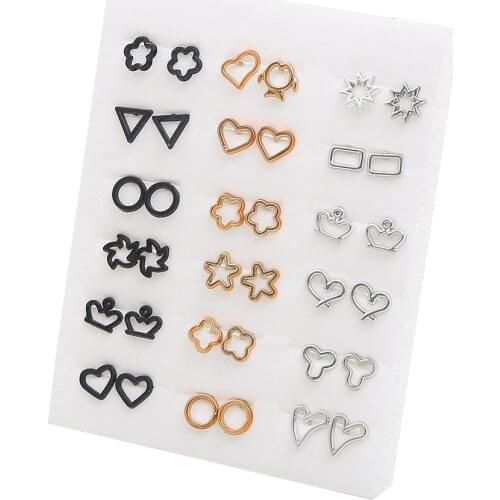 18Pairs Black Gold Silver Geometric Shape Round Hear Rectangle Ear Stud Earring Jewelry Women Lady Fashion Design