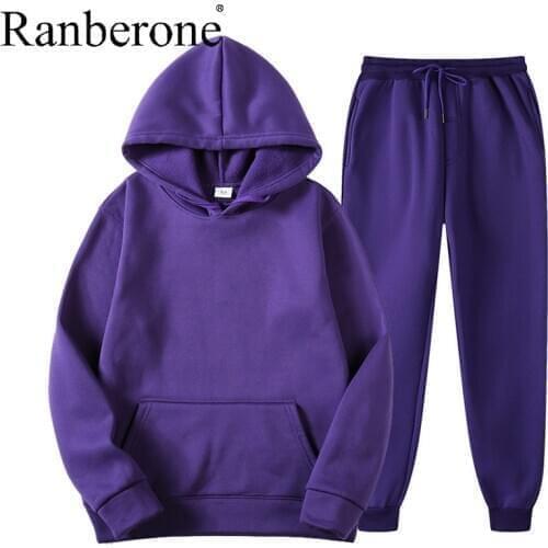 Ranberone 2 Pcs Sport Suit Fitness Solid Color Womens Tracksuits Hooded Pullover Sweatshirt Casual Pants Sets Sportswear Male