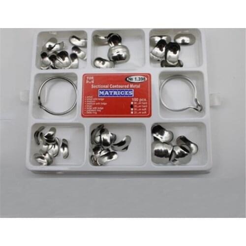 100pcs Dentist Tool No. 1.398 Dental Matrix Sectional Contoured Metal Matrices+2 Rings Full Kit For Teeth Replacement