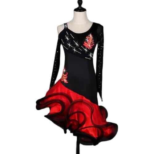 Rhinestone Latin Dance Dress Women Black Dress Designer Clothes Stage Costume Long Sleeve Tap Dancewear Dancer Outfits JL2662