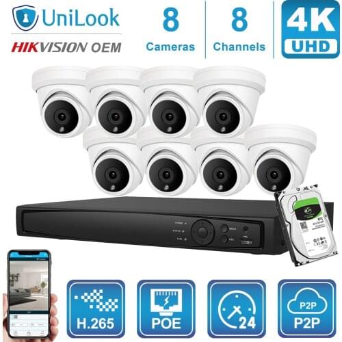 UniLook 8CH 4/6/8Pcs 8MP Dome POE IP Camera NVR Kits Security System Night Vision Motion Detection Onvif H.265 P2P View