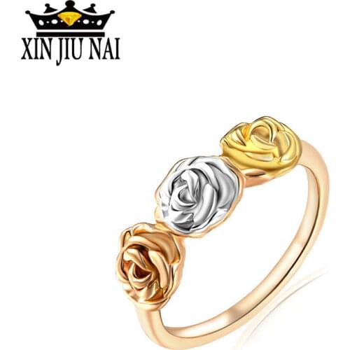 TOP Anillos Gold Color Quality 3 Round 18 K Gold Color Rose Flowers Rings for Women Jewelry Wedding Ring Wholesale bague femme