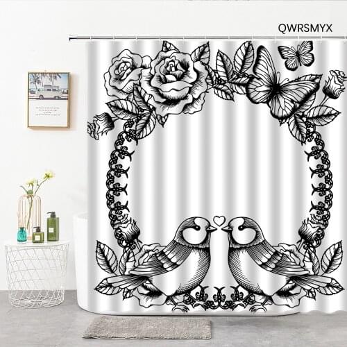 Black And White Flowers Birds Butterflies Shower Curtains Fabric Bathtub Screen For Bathroom Home Decor Wall Bathroom Products