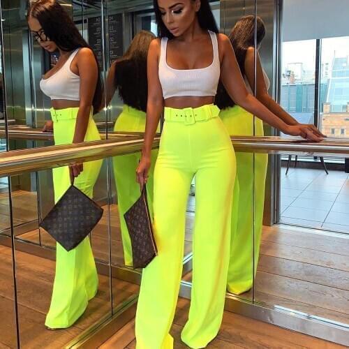 Women Fashion Wide Leg Pants Office Lady Work High Waist Elegant Trousers Fluorescent Color Casual Solid Palazzo with Sashes