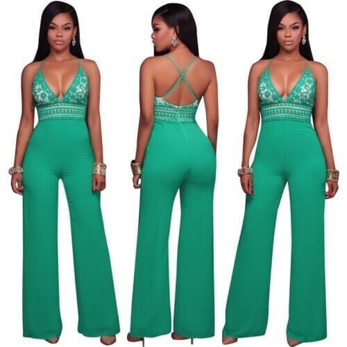 Women Elegant Formal Wide Leg Jumpsuits Deep V-Neck Backless Lace Floral Spaghetti Straps Black Playsuit for Combinaison Femme