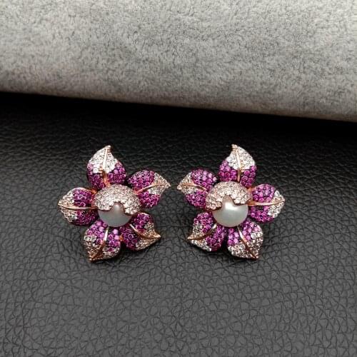 Cubic Zirconia micro Pave Pearl Earrings White freshwater Pearl Rose Gold color Plated Cz Flower Stud Earrings cute for women