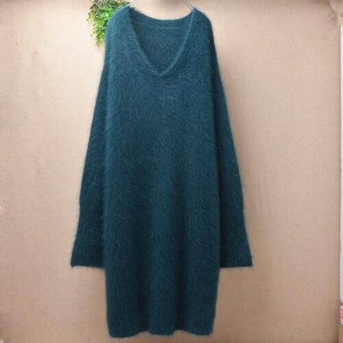 Female women fashion green hairy mink cashmere knitted v-neck long sleeves loose pullover angora fur winter jumper sweater dress