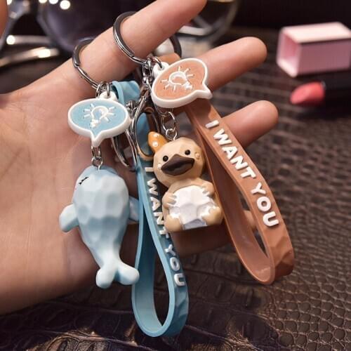 Cartoon PVC Animal Keychain for Women Girl Geometric Faceted Dolphin Seahorse Penguin Doll Key Chain Backpack Bag Hanging Gift