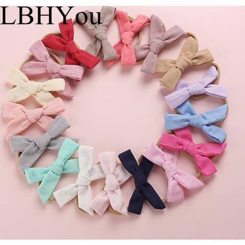 17pcs/lot Hand Tie Cotton Bows Nylon Headbands,10*5cm School Girls Soild Bow Nylon Hairbands,Baby Girls Hair Accessories