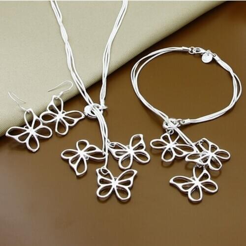 925 Sterling Silver Snake Chain Three Butterfly Pendant Necklace Bracelet Earring Set For Woman Wedding Engagement Jewelry Gift