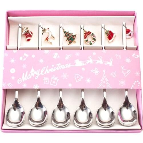 Behogar 6PCS Stainless Steel Christmas Coffee Milk Dessert Tea Tableware Spoons Set with Pendants for Home Party Supplies Silver