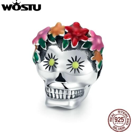 WOSTU Authentic 925 Sterling Silver Skull Flower Enamel Bead Charms fit Original DIY Bracelet Necklace Halloween Jewelry CQC888