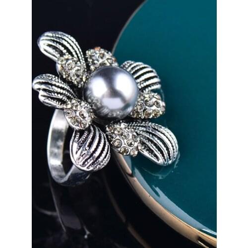 KIOOZOL Vintage Oversized Gray Pearl Blooming Flower Silver Color Ring For Women Statement Jewelry 075 KO5