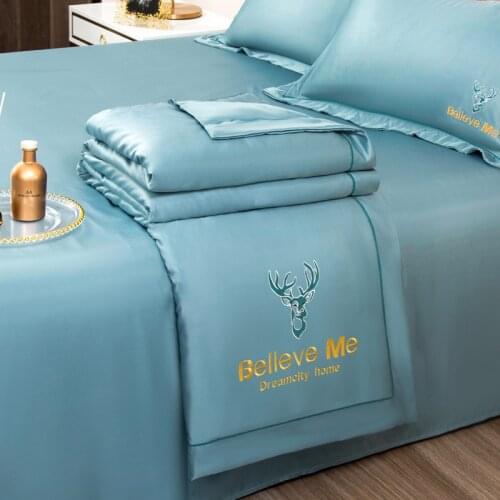 Summer Tencel Solid Color Embroidered Summer Blanket Air Conditioner Blanket Comfortable Soft Thin Summer Queen Quilt 4pcs