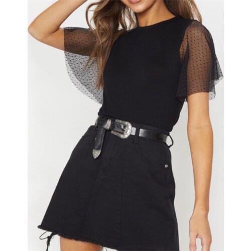 Fashion Short Lace Butterfly Sleeve T Shirts Black White Solid Ruffle Tops Tee Elegant Summer Slim Office Lady Clothes